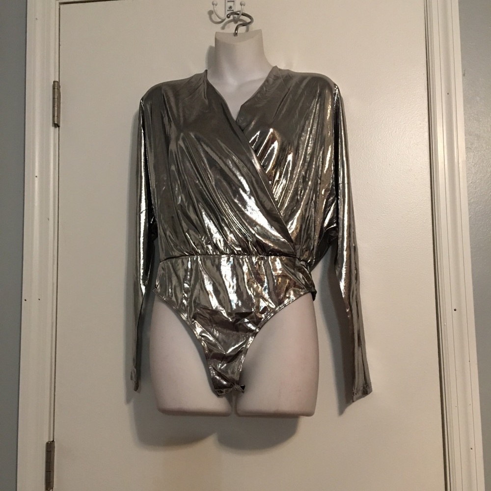 Silver metallic faux wrap bodysuit
